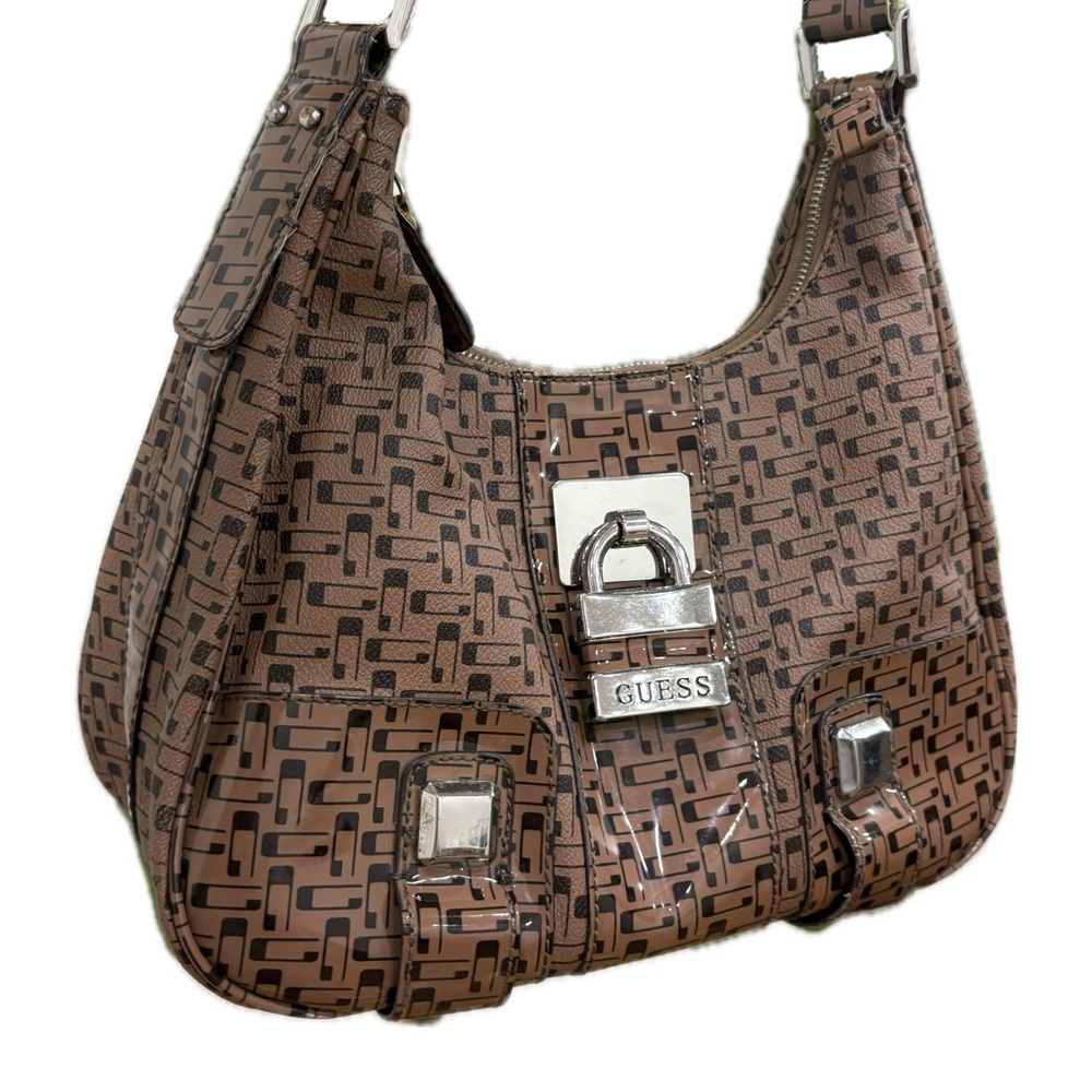 guess brown logo hobo bag w/ lock and silver accents